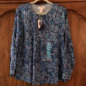 Stella Parker - Women’s Collection Floral Blue Long Sleeve Blouse - Size XL NWT